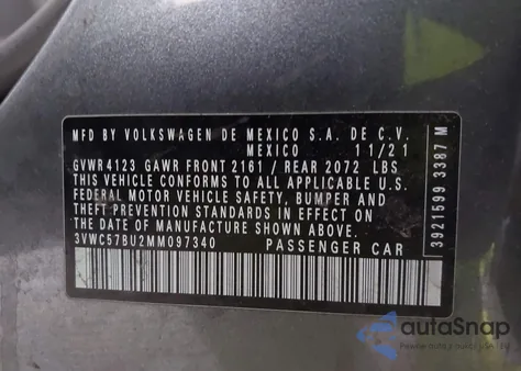 2021 Volkswagen Jetta 1.4T R-Line/1.4T S/1.4T Se z USA, uszkodzony, nr VIN 3VWC57BU2MM097340